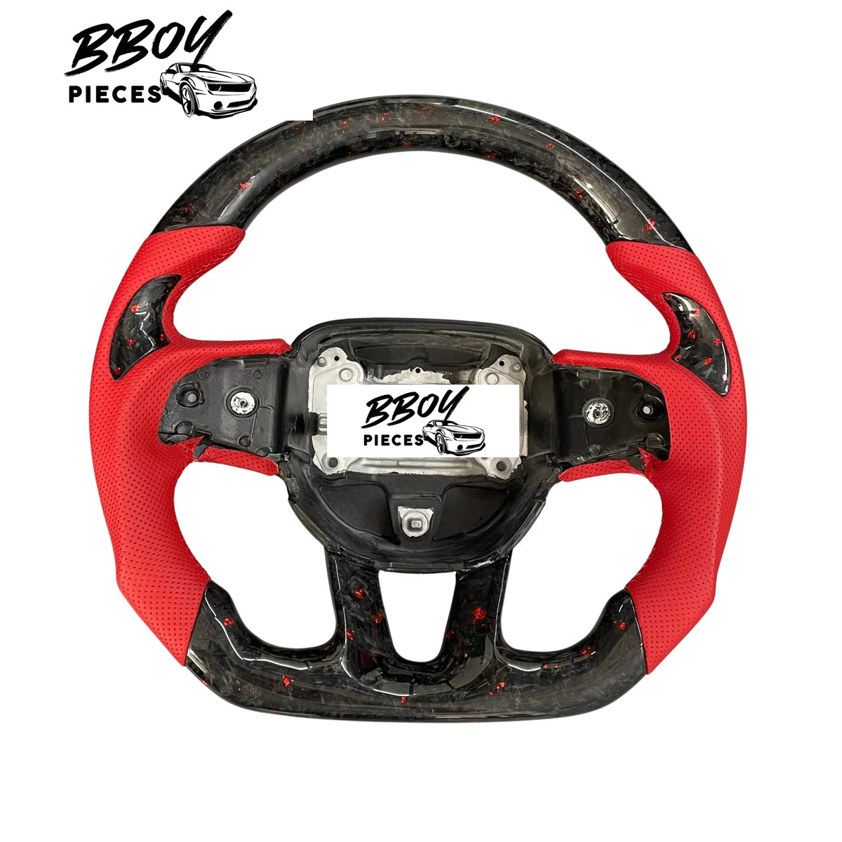 BBOY Pieces — Dodge 2015+ NO LED Forged Carbon Fiber with Red Flakes, Red Leather Steering Wheel