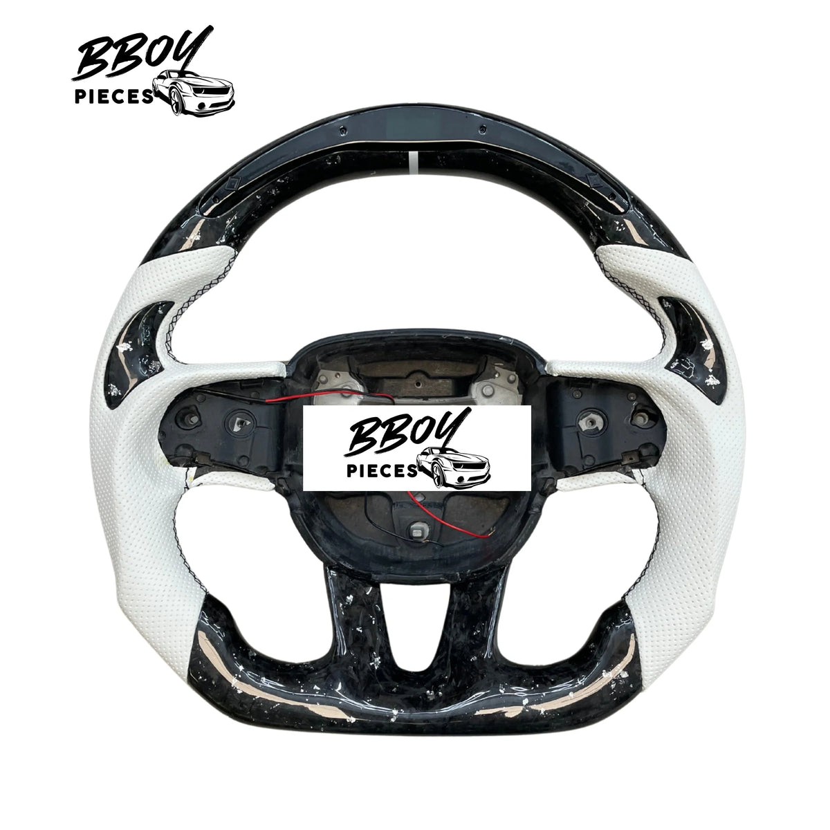 BBOY Pieces — Dodge 2015+ LED Forged Carbon Fiber White Flakes, Leather and Stitch with Black Stitch Steering Wheel