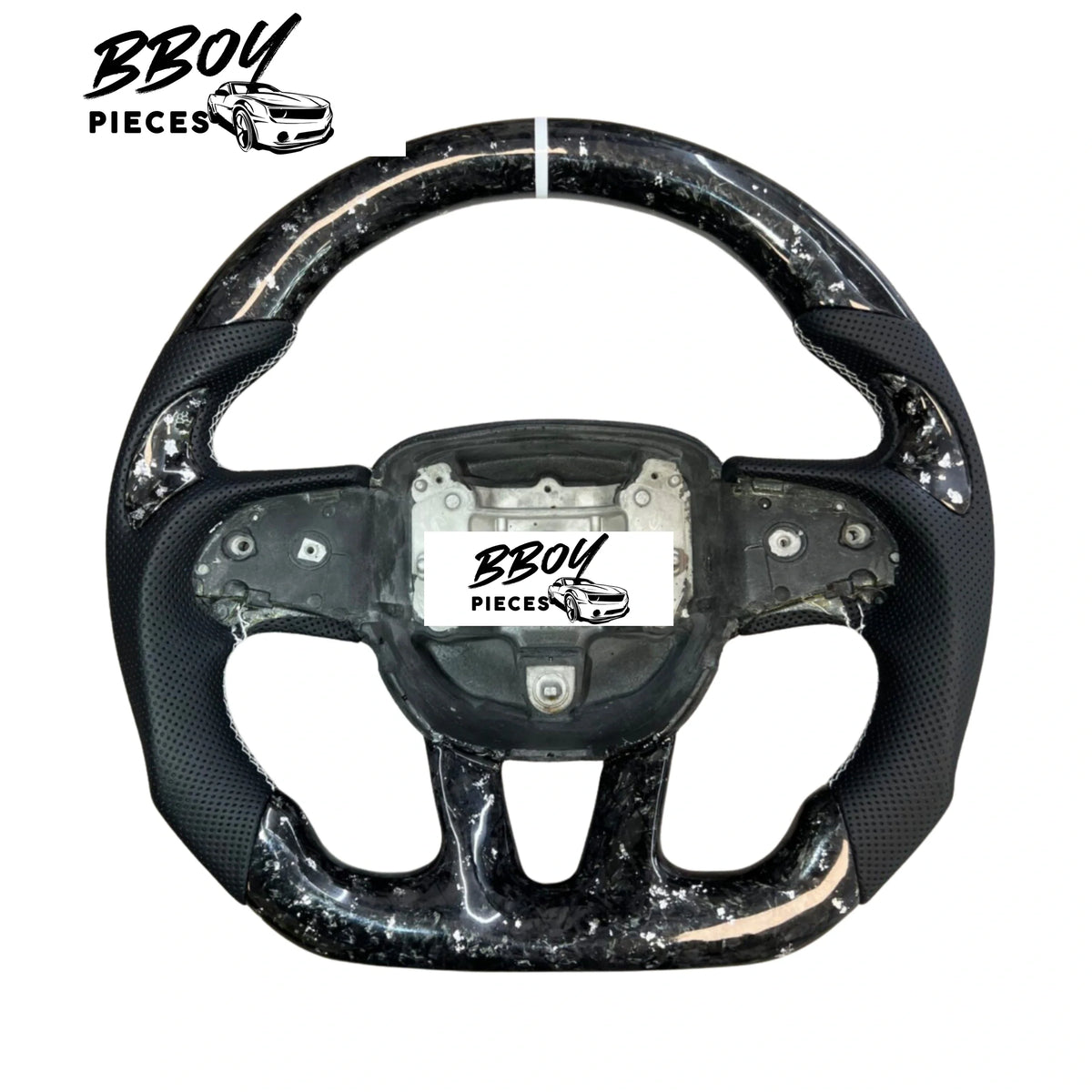 BBOY Pieces — Dodge 2015+ NO LED Forged Carbon Fiber with White Flakes and Stripe, Black Leather Steering Wheel
