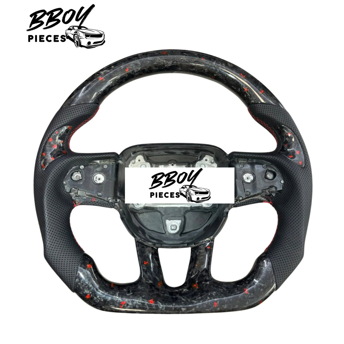 BBOY Pieces — Dodge 2015+ NO LED Forged Carbon Fiber with Red Flakes, Black Leather Steering Wheel