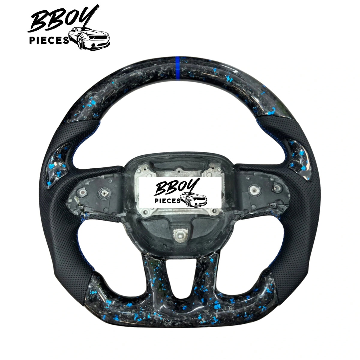 BBOY Pieces — Dodge 2015+ NO LED Forged Carbon Fiber with Blue Flakes and Stripe, Black Leather Steering Wheel