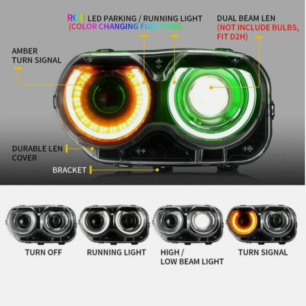 2015-2023 Dodge Challenger RGB Color Change Headlights (Non Flow) Plug N Play with Halogen Bulbs