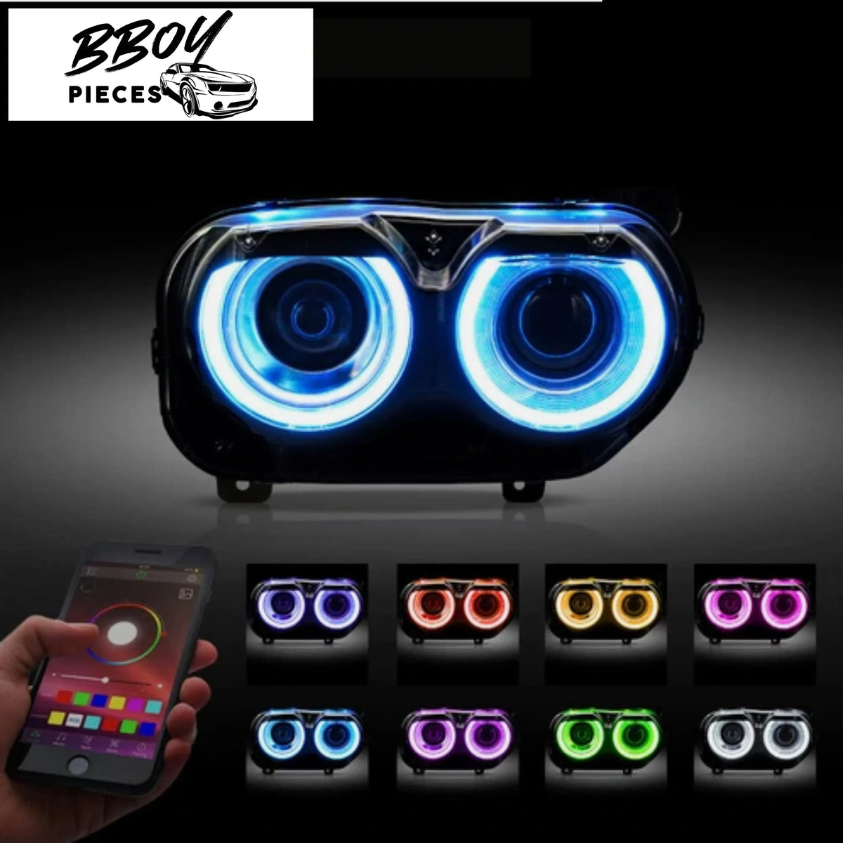 BBOY Pieces — 2015-2023 Dodge Challenger RGB Color Change Headlights (Non Flow) Plug N Play with Halogen Bulbs