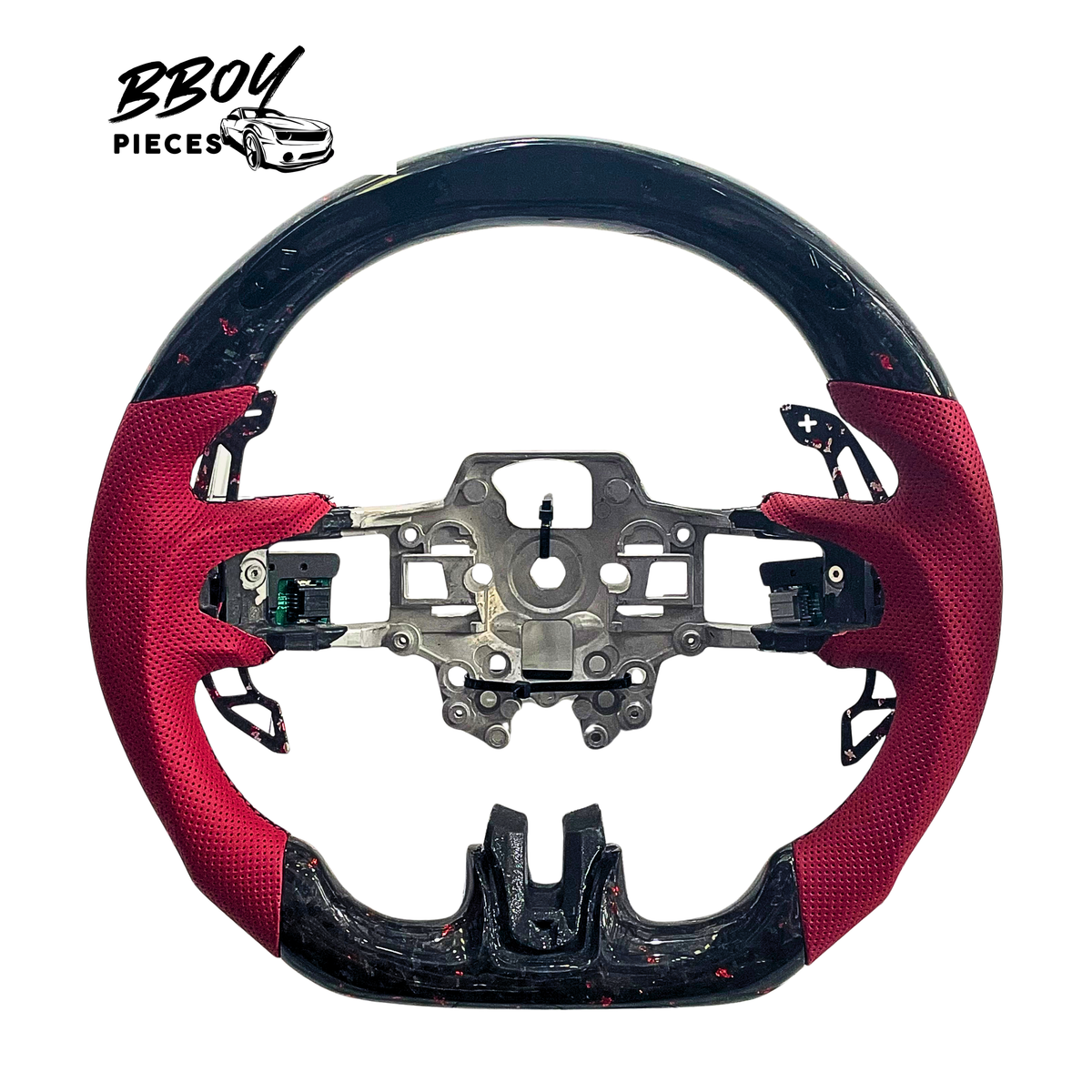 Mustang 2018-23 LED Forged Carbon Fiber Steering Wheel with Red Flakes Red Leather Grip — BBOY Pieces