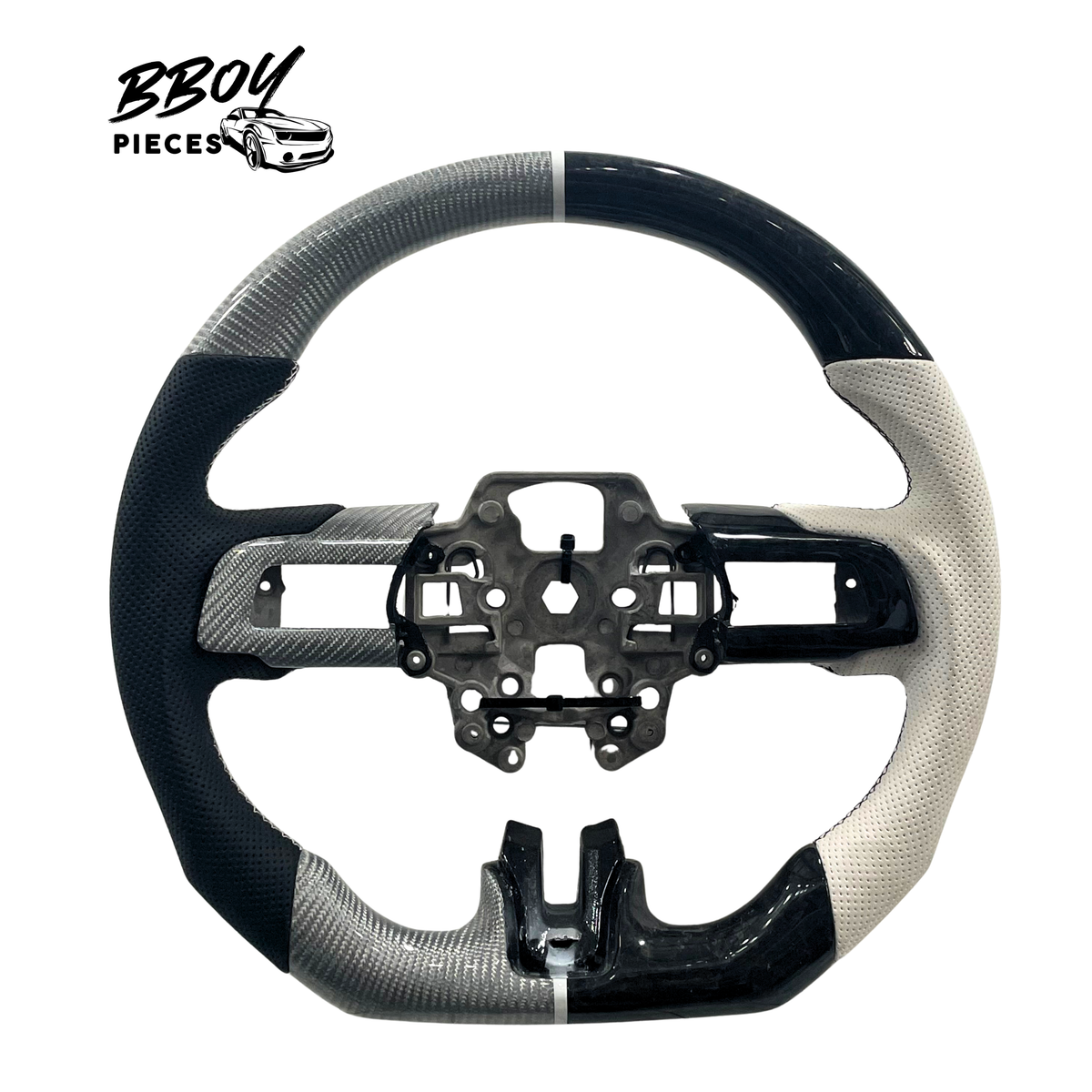 Mustang 2018-23 Forged and Regular Carbon Fiber with White and Black Leather Grip Steering Wheel — BBOY Pieces